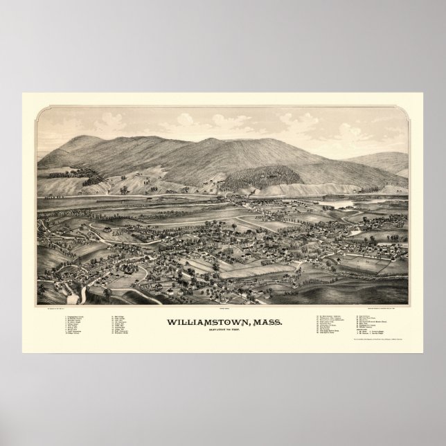 Póster Williamstown, mapa panorámico de MAMÁES - 1889 (Frente)
