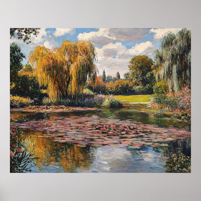 Póster Willow Tree and Lily Pads Landscape Painting (Frente)