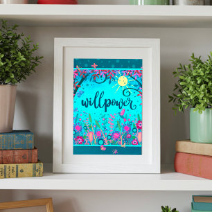 Póster Willpower Stylish Fun Floral Azul Inspirador