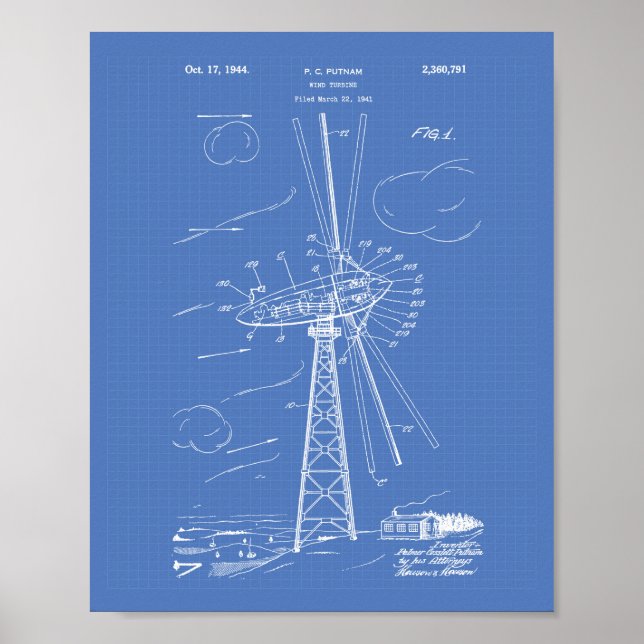 Póster Wind Turbine 1944 Patent Art Blueprint (Frente)