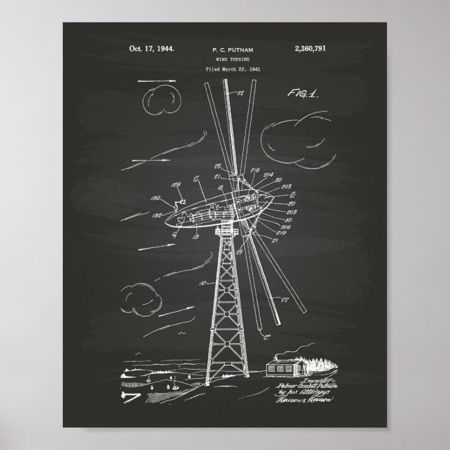 Póster Wind Turbine 1944 Patent Art Chalkboard (Frente)