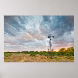 Póster Windmill And Clouds At Sunset
