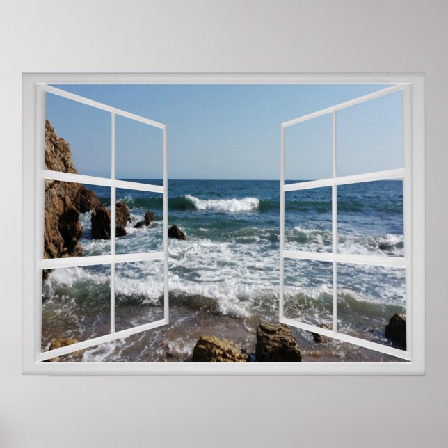Póster Window Frame with Rocky Ocean Coast and Waves (Frente)