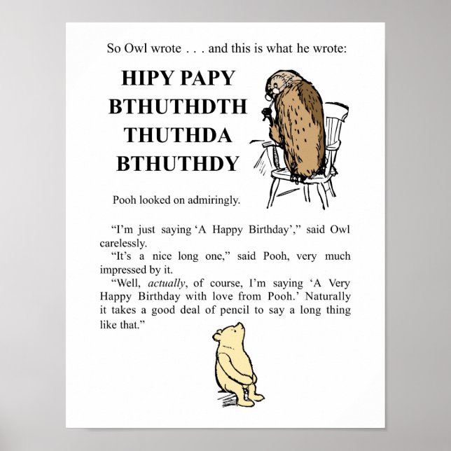 Póster Winnie The Pooh- Owl Escribe 'Feliz Cumpleaños' (Frente)