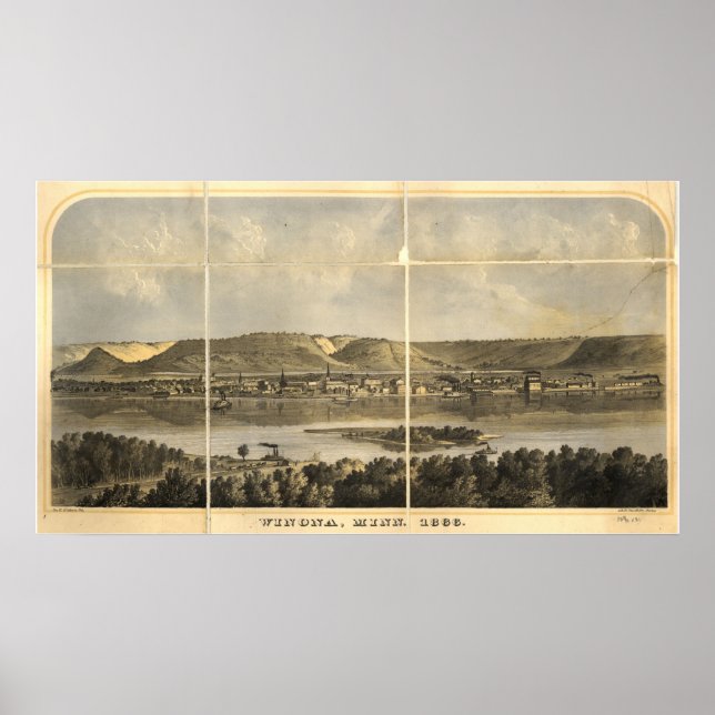 Póster Winona 1866, MN Birds View Panoramic Map (Frente)