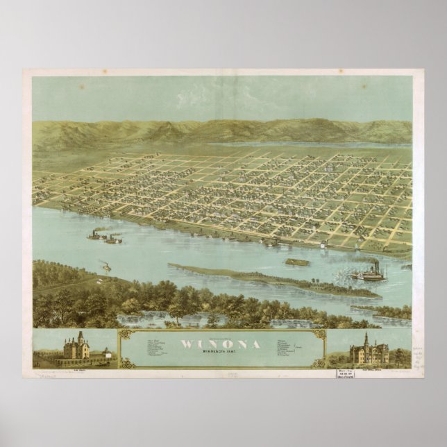 Póster Winona 1867, MN Birds View Panoramic Map (Frente)