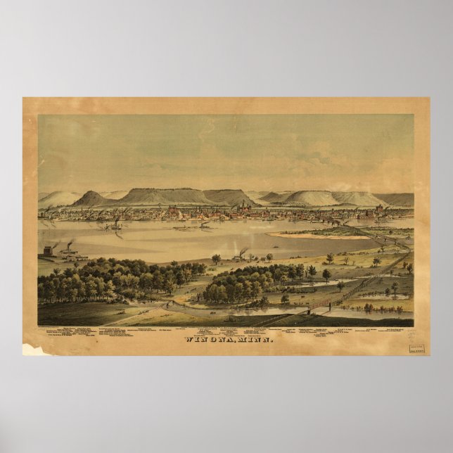 Póster Winona 1874, MN Birds View Panoramic Map (Frente)