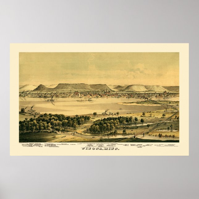 Póster Winona, Mapa Panorámico MN - 1867 (Frente)