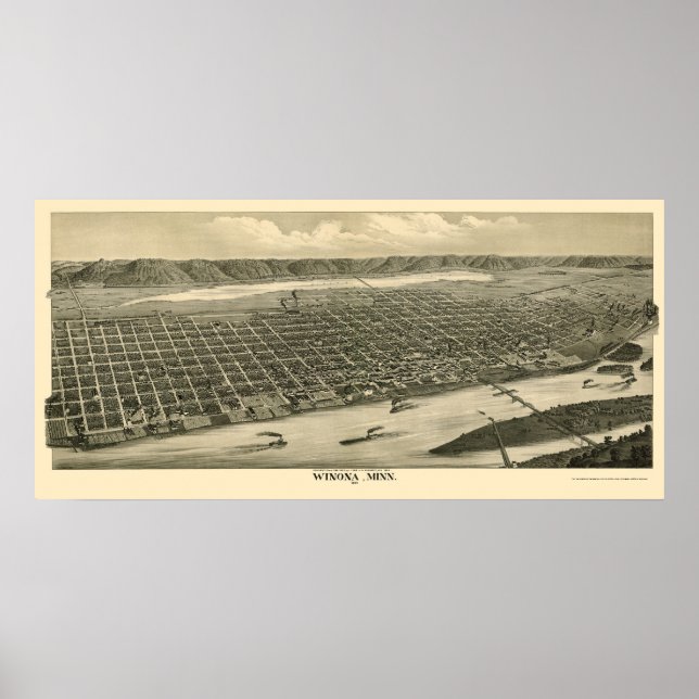 Póster Winona, Mapa Panorámico MN - 1889 (Frente)