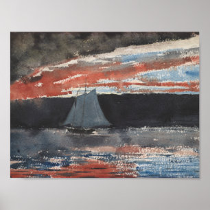 Póster Winslow Homer - Schooner en la puesta del sol