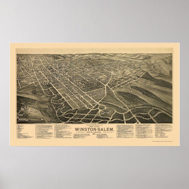 Póster Winston-Salem, Mapa Panorámico NC - 1891 (Frente)