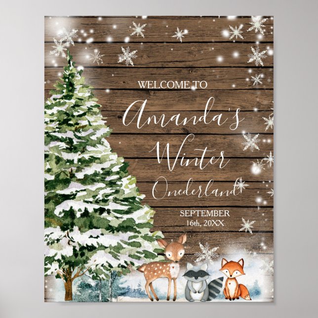 Póster Winter Animal Wood Snowflakes Onederland Cumpleaño (Frente)