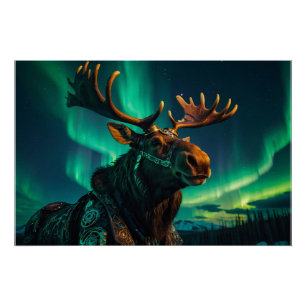 Póster Winter Aurora & Steampunk Moose Wildlife Art