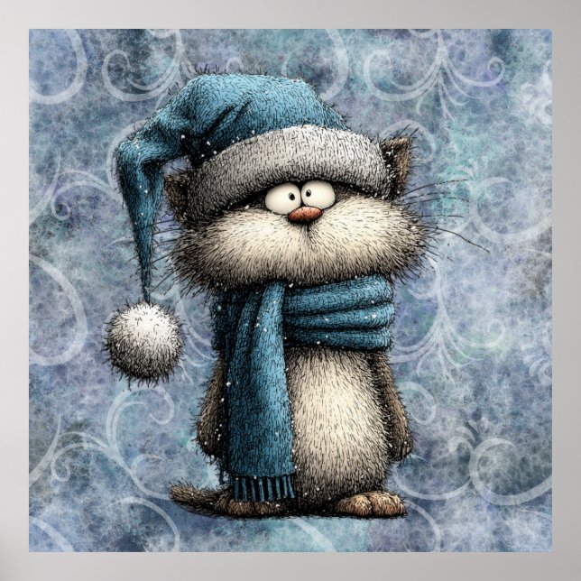 Póster Winter Blue Christmas Cat With Hat And Scarf (Frente)