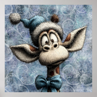 Póster Winter Blue Christmas Cute Giraffe With Hat