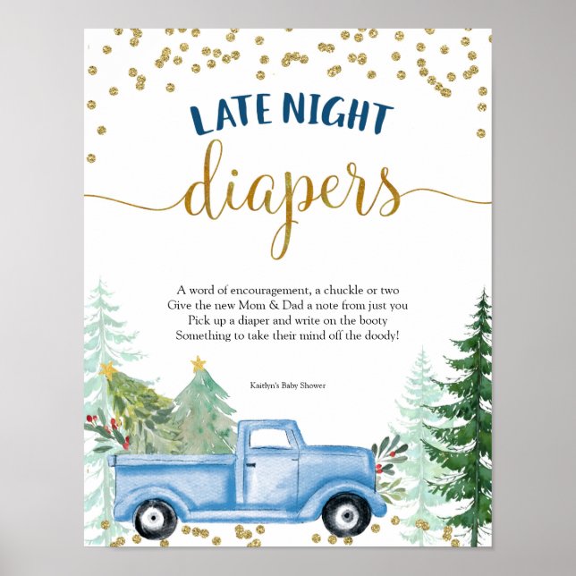 Póster Winter Blue Truck Baby Shower Late Night Diapers (Frente)