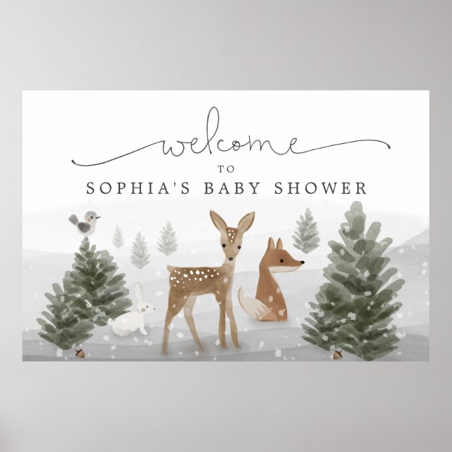 Póster Winter Boho Woodland Baby Shower Poster Sign (Frente)
