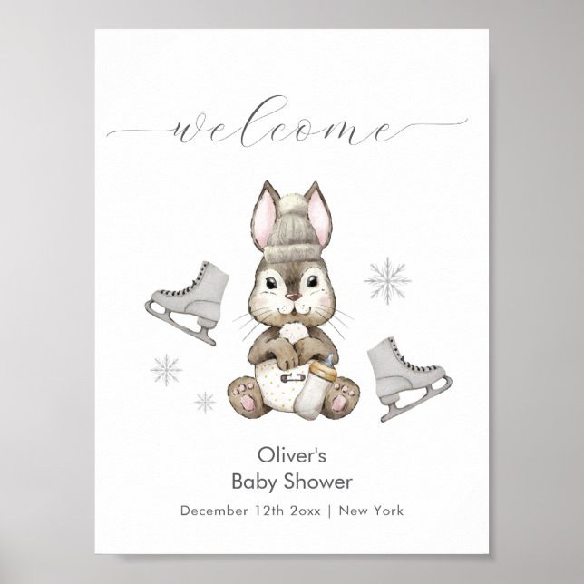 Póster Winter Bunny Ice Skate Baby Shower Welcome  (Frente)