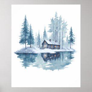 Póster Winter Cabin Retreat pintura acuarela