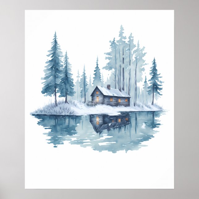 Póster Winter Cabin Retreat pintura acuarela (Frente)