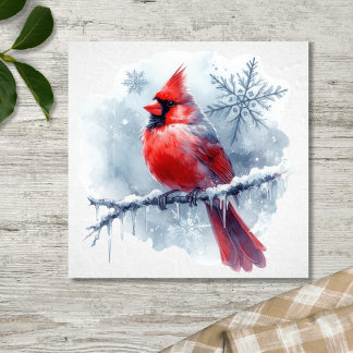 Póster Winter Cardinal with Snowflakes on Icy Branch