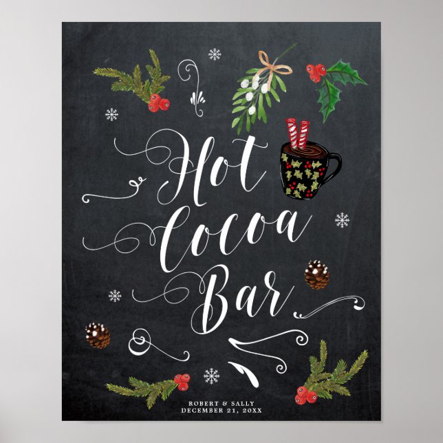 Póster winter christmas hot cocoa bar sign holly (Frente)