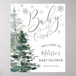 Póster Winter Forest Silver It's Cold Outside Baby Shower