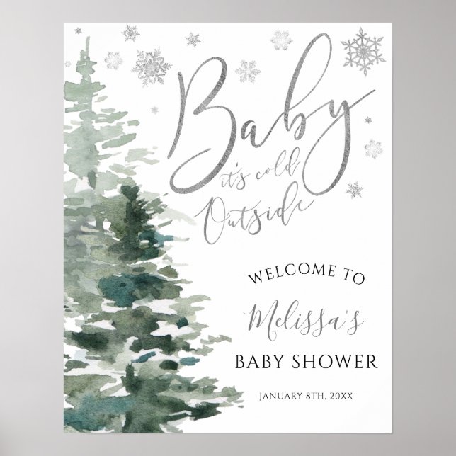 Póster Winter Forest Silver It's Cold Outside Baby Shower (Frente)