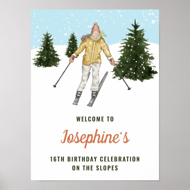 Póster Winter Girl Skiing Downhill Ski Birthday Welcome (Frente)