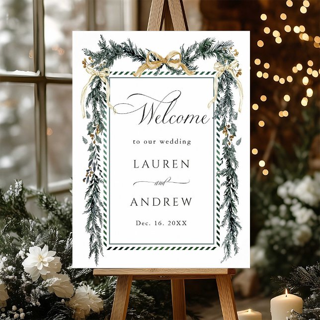 Póster Winter Greens Garland Wedding Welcome Green & Gold (Subido por el creador)