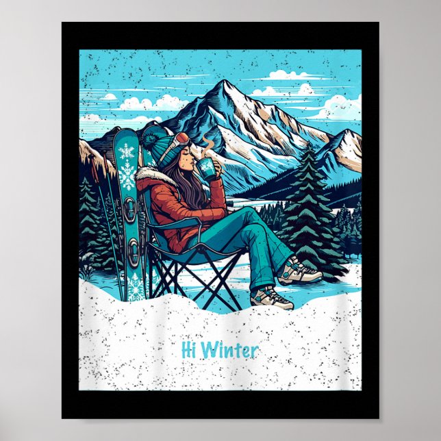 Póster Winter Holiday Skier Woman Drinking Coffee Christm (Frente)