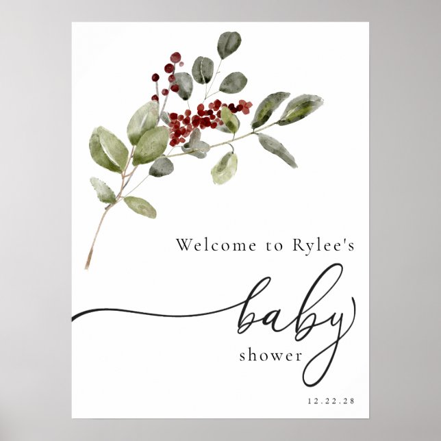 Póster Winter Holly Branch Baby Shower Welcome Foam Board (Frente)