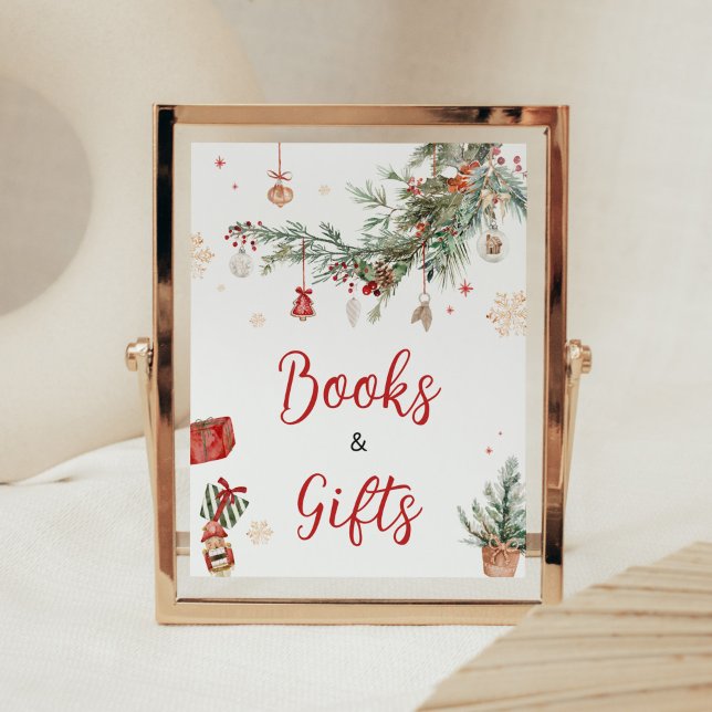 Póster Winter Merry Pequeños Navidades Libros y Regalos (Merry Little Winter Christmas Baby Shower Books and Gifts Sign)