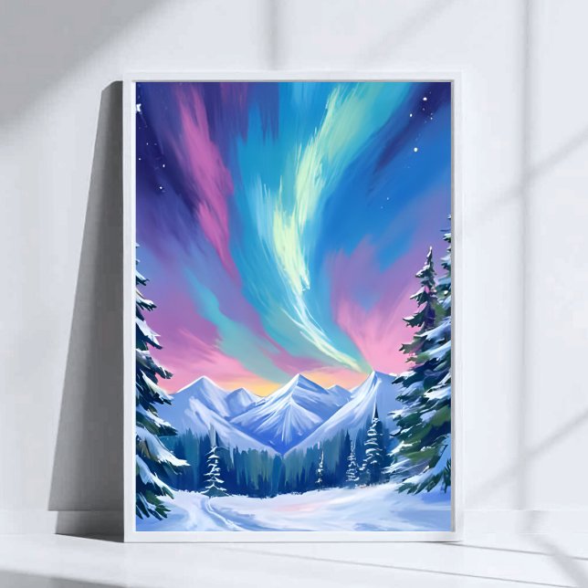 Póster Winter Night Northern Lights Watercolor Mountain (Subido por el creador)