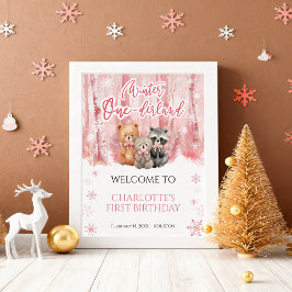 Póster Winter Onederland Bear Pink First Welcome Sign