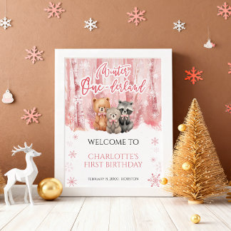 Póster Winter Onederland Bear Pink First Welcome Sign