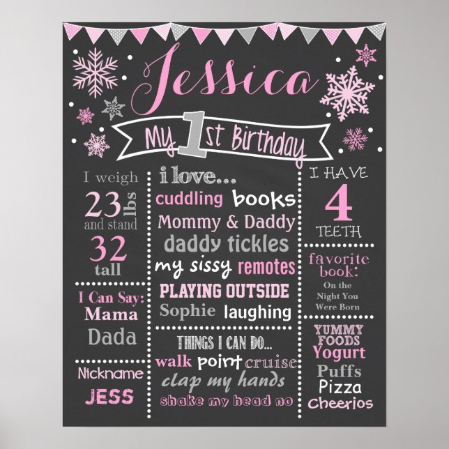 Póster Winter Onederland Birthday Chalkboard - Chica (Frente)