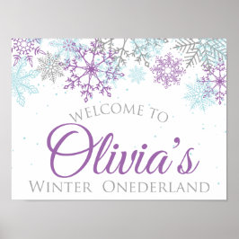 Póster Winter Onederland Birthday Welcome Sign Purple