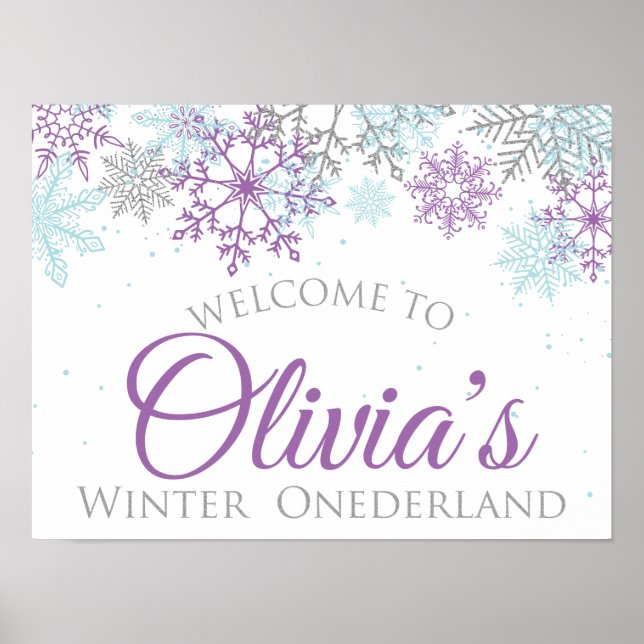 Póster Winter Onederland Birthday Welcome Sign Purple (Frente)