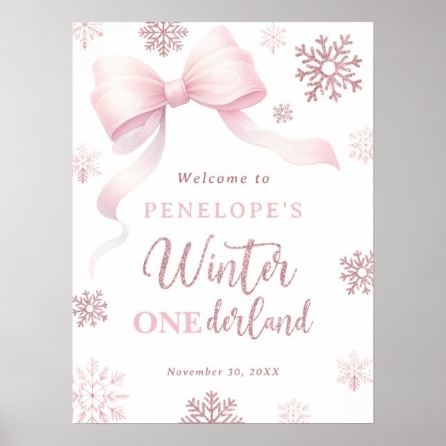 Póster Winter Onederland Bow Girl 1st Birthday Welcome (Frente)