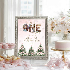Póster Winter Onederland Pink Bow 1st Birthday Welcome