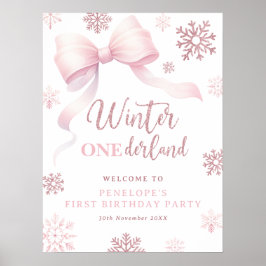 Póster Winter Onederland Pink Bow 1st Birthday Welcome