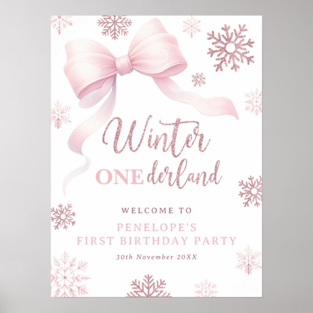 Póster Winter Onederland Pink Bow 1st Birthday Welcome (Frente)