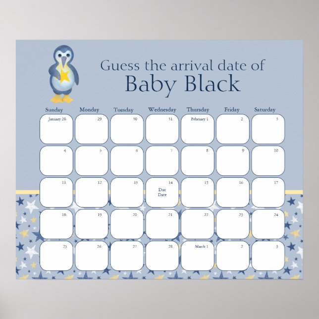 Póster Winter Penguin Baby Shower Adivinó La Fecha De Ven (Frente)