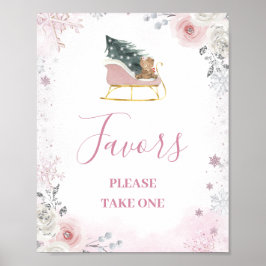 Póster Winter Pink Snowflake Sleigh Baby Shower Favors