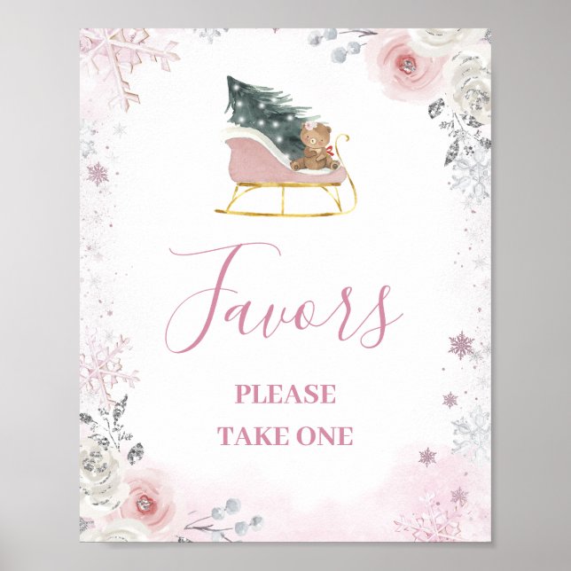 Póster Winter Pink Snowflake Sleigh Baby Shower Favors (Frente)
