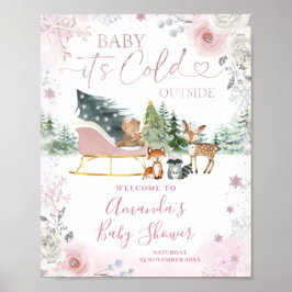 Póster Winter Pink Snowflake Sleigh Baby Shower Welcome