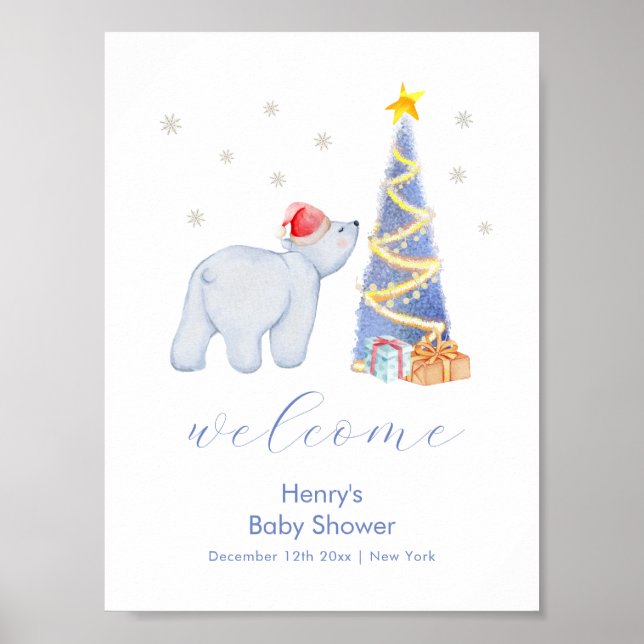 Póster Winter Santa Polar Bear Baby Shower Welcome  (Frente)