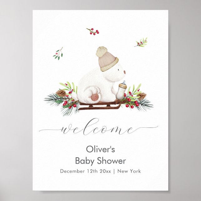Póster Winter Sleigh Polar Bear Baby Shower Welcome  (Frente)