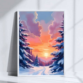 Póster Winter Snow Sunset | Watercolor Landscape Painting